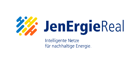 Das ist das Logo von JenErgieReal, welches den Schriftzug JenErgieReal, farbige Grafikelemente sowie den Schriftzug Intelligente Netze für nachhaltige Energie enthält
